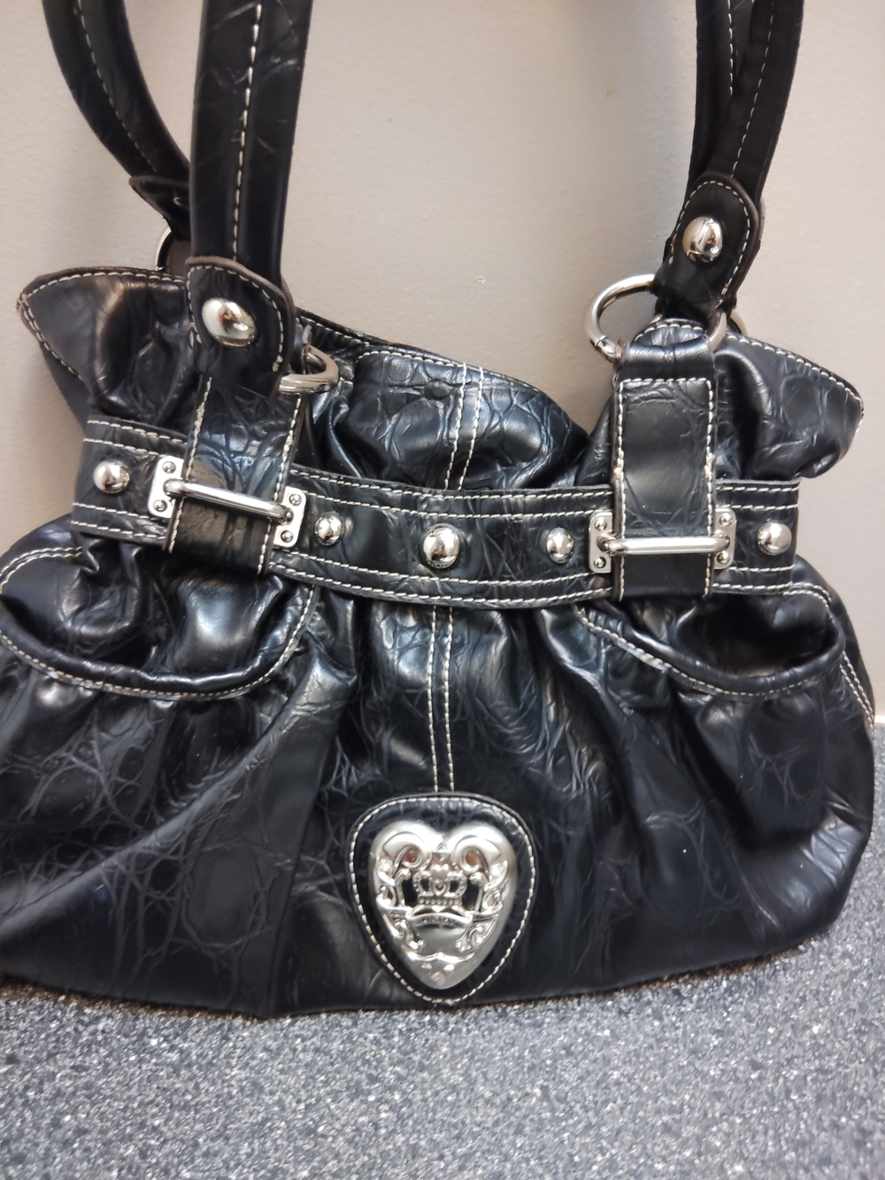 Black Shoulder Bag with Silver Heart Emblem